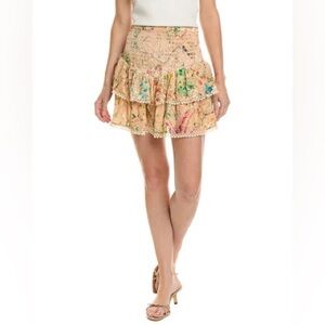 Hemant & Nandita Burnout Velvet Floral Mini Skirt Beige Smocked Boho Tiered S